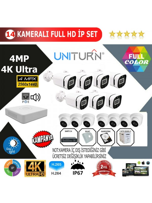 Uniturn 14'lİ 4MP 4K ULTRA İP Kamera Seti…