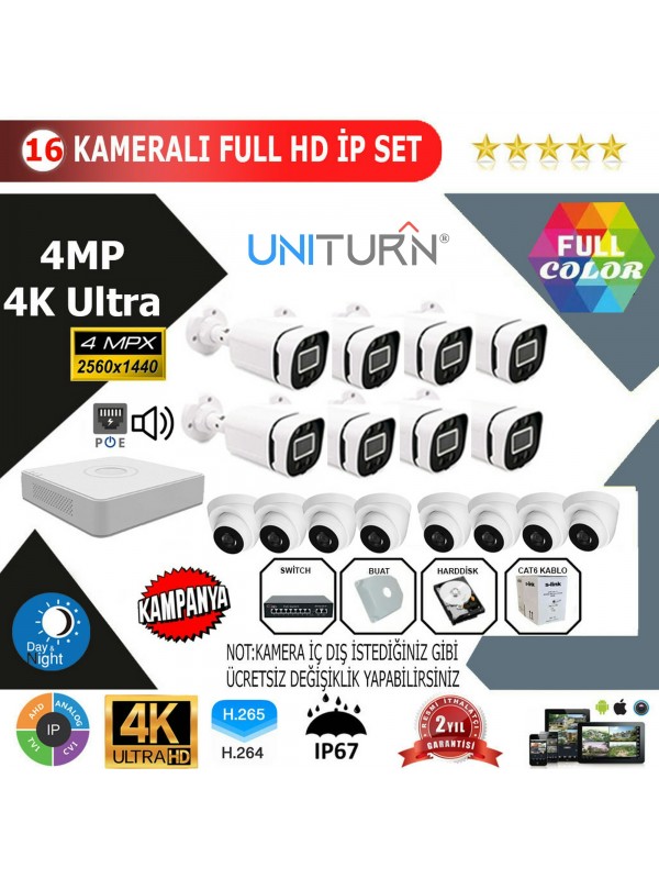 Uniturn 16'lİ 4MP 4K ULTRA İP Kamera Seti…