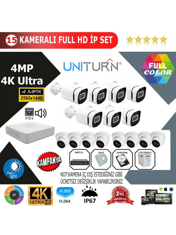 Uniturn 15'lİ 4MP 4K ULTRA İP Kamera Seti…