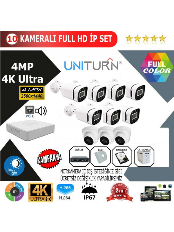 Uniturn 10'lu 4MP 4K ULTRA İP Kamera Seti…