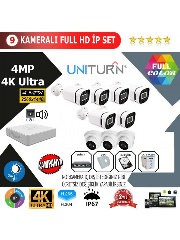 Uniturn 9'lu 4MP 4K ULTRA İP Kamera Seti…