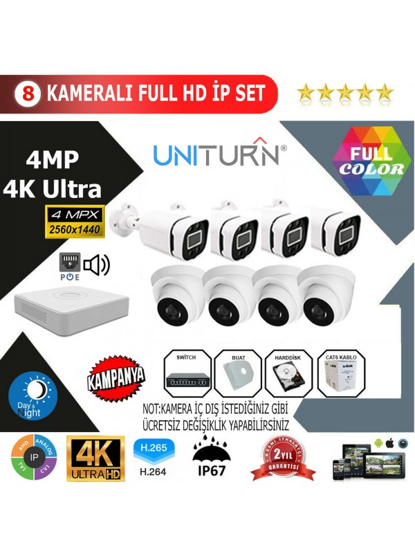 Uniturn 8'lİ 4MP 4K Ultra İP Kamera Seti…