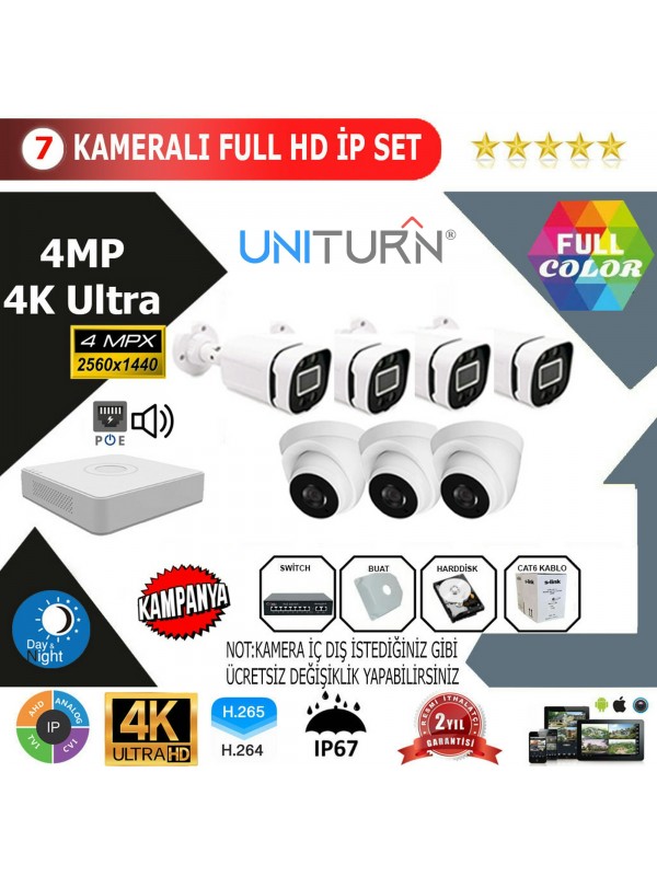 Uniturn 7'lİ 4MP 4K ULTRA İP Kamera Seti…