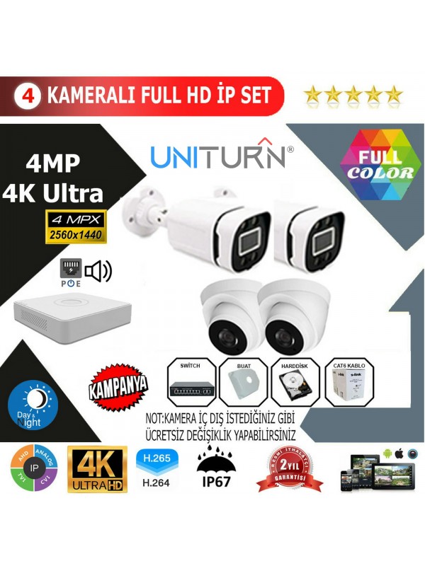 Uniturn 4'lİ 4MP 4K ULTRA İP Kamera Seti…