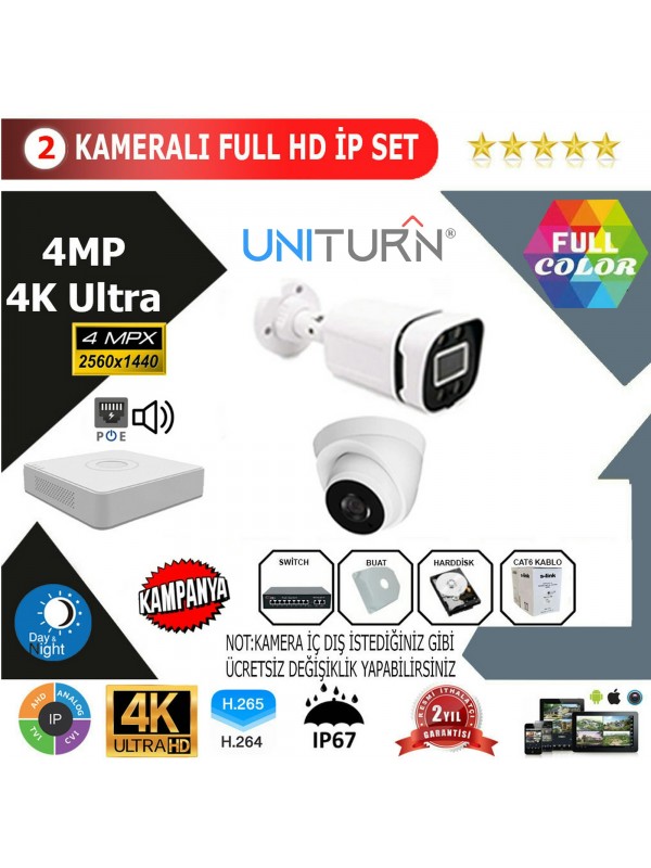 Uniturn 2'lİ 4MP 4K ULTRA İP Kamera Seti…