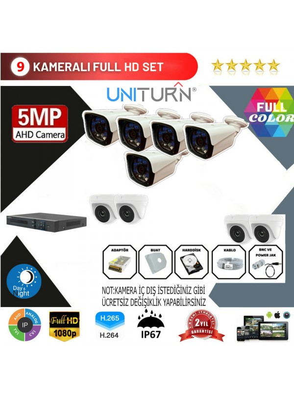 Uniturn 9'lu AHD Kamera Seti 5MP 3.6MM Full Color Serisi…