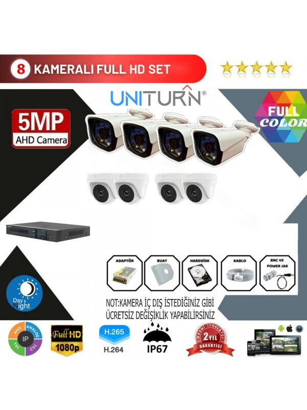 Uniturn 8'lı AHD Kamera Seti 5MP 3.6MM Full Color Serisi…