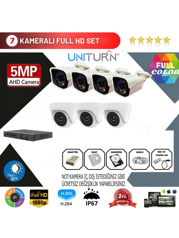 Uniturn 7'lı AHD Kamera Seti 5MP 3.6MM Full Color Serisi…