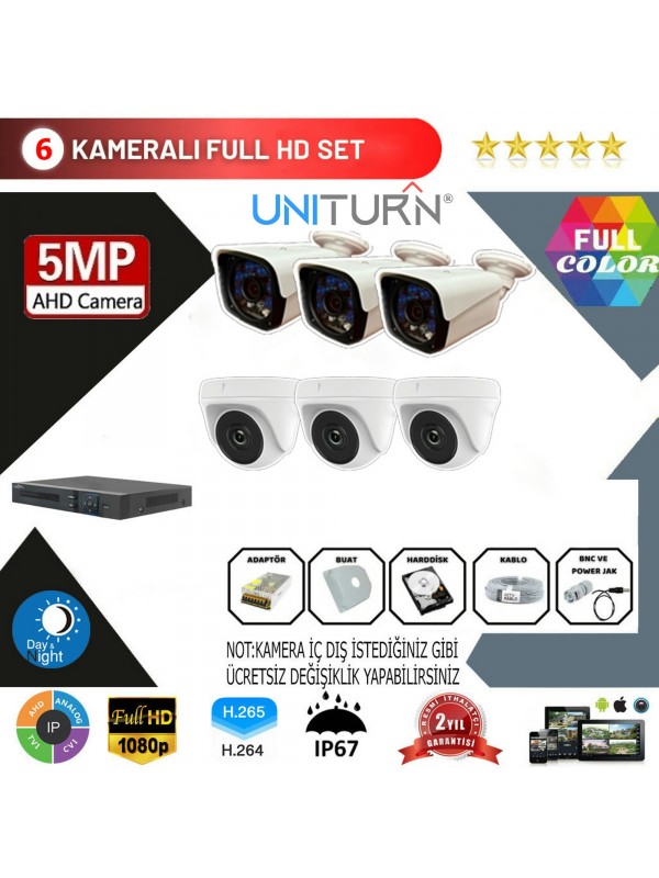 Uniturn 6'lı AHD Kamera Seti 5MP 3.6MM Full Color Serisi…