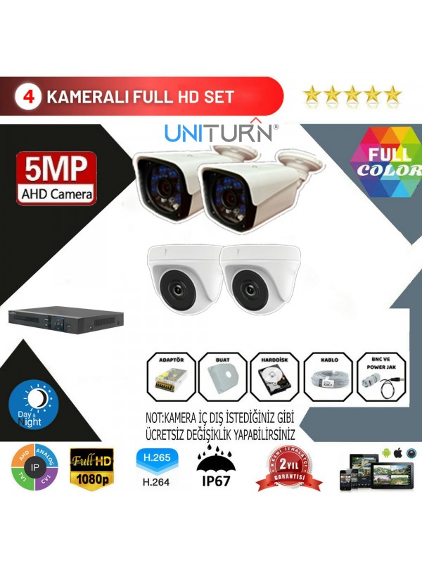 Uniturn 4'lu AHD Kamera Seti 5MP 3.6MM Full Color Serisi…