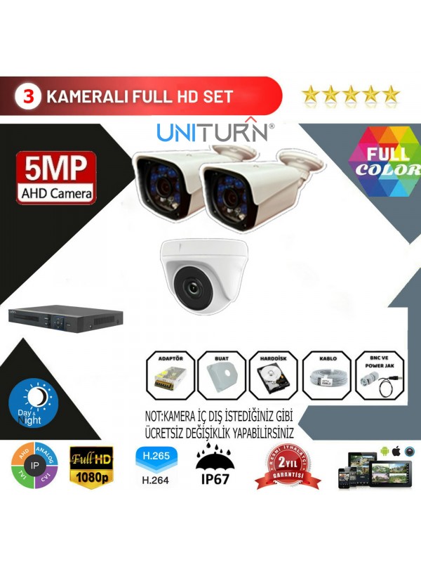 Uniturn 3'lu AHD Kamera Seti 5MP 3.6MM Full Color Serisi…