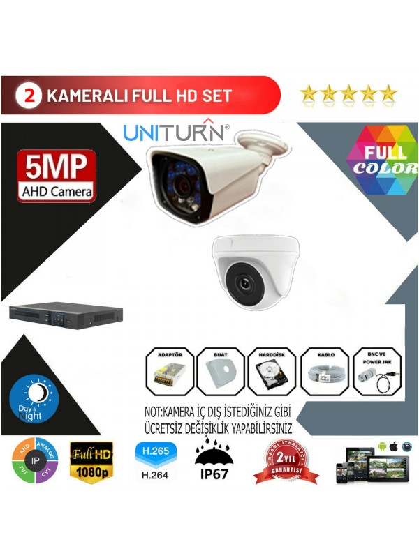 Uniturn 2'li Ahd Kamera Seti 5MP 3,60MM Full Color Serisi…