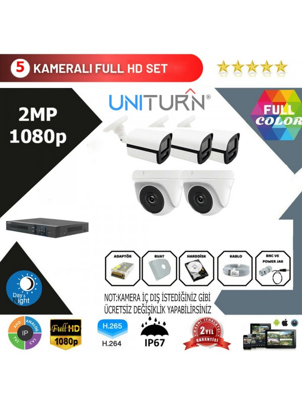 Uniturn 5'lİ AHD Kamera Seti 2MP 1080P Full Color Serisi…