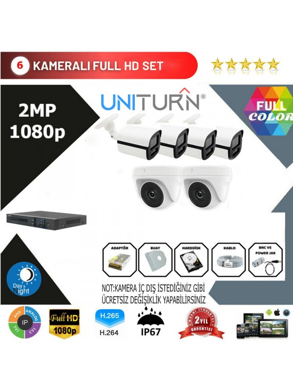 Uniturn 6'lİ Kamera Seti 2MP AHD 1080P Full Color Serisi…